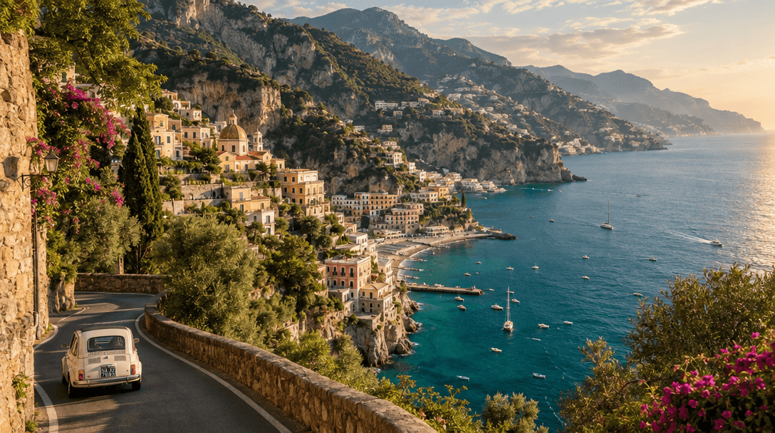 Pastel coastal villages and green cliffs above the Mediterranean